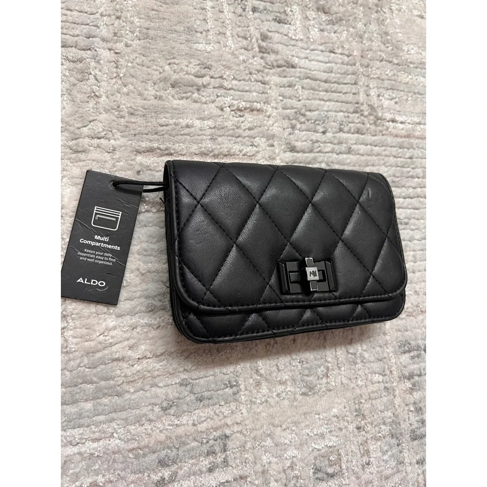 ALDO Black Quilted Faux Leather Clutch‎ Bag Multi Compartment